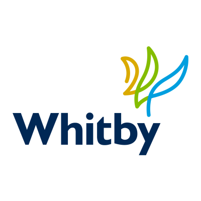 Town of Whitby logo featuring the word 'Whitby' in dark blue with three stylized leaves in gold, green, and blue above the text.